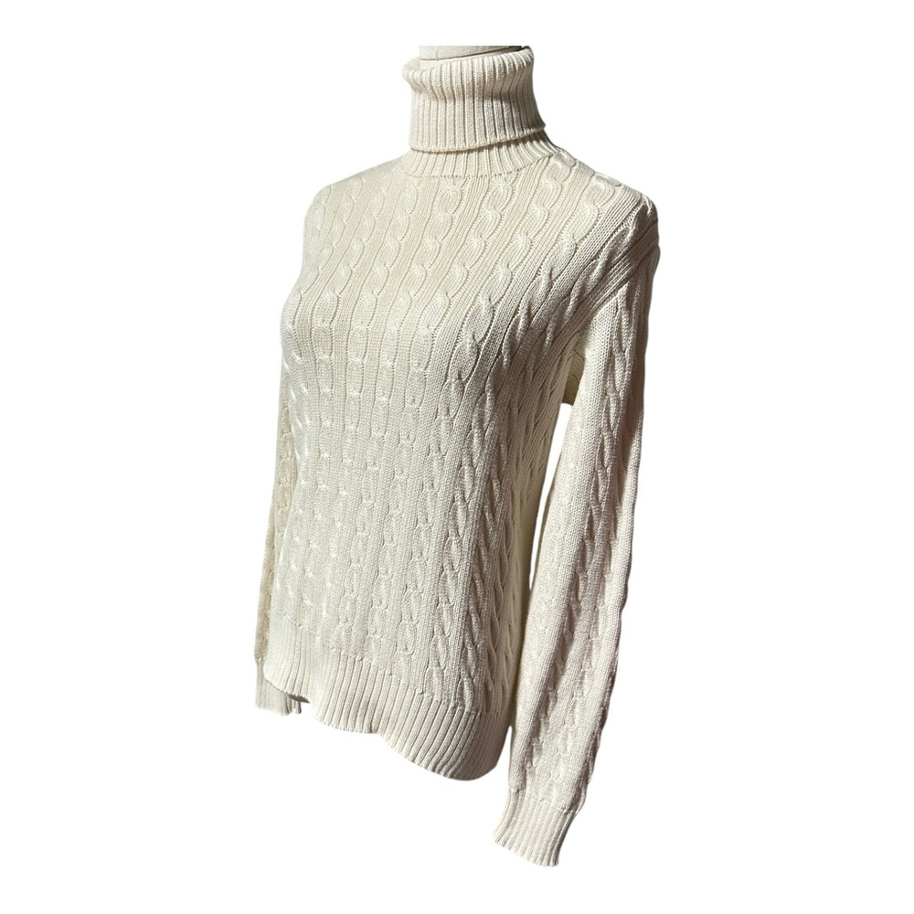 👉 Ralph Lauren Sport Women’s Cable Knit Turtleneck Sweater Cream 100% Cotton XL - Picture 3 of 8